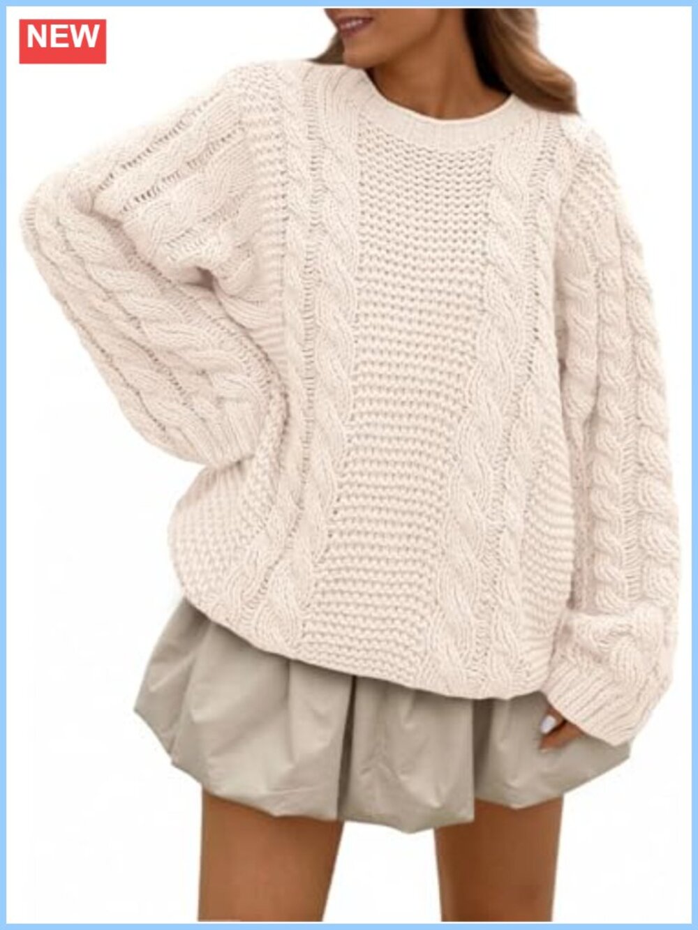 Women's Oversized Cable Knit Crew Neck Long Sleeve Pullover Sweater Cotton